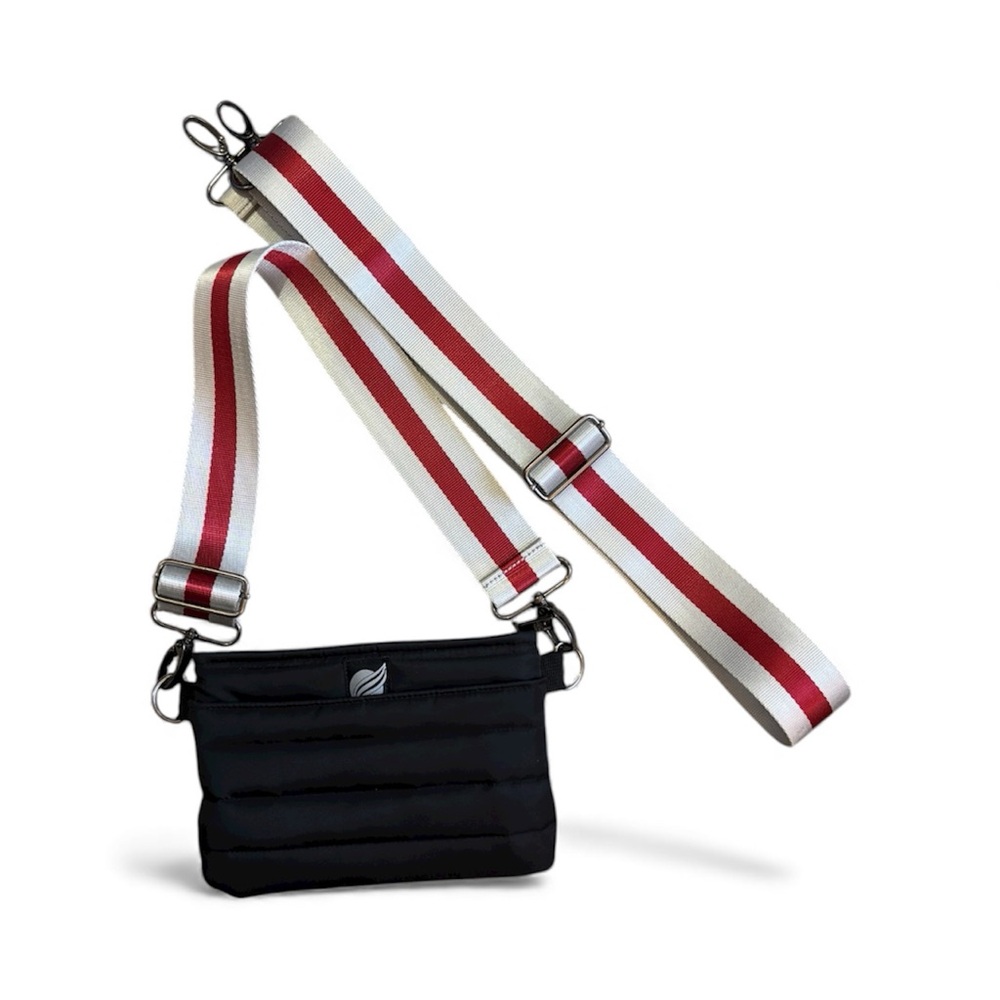 THINK ROYLN Black Crossbody Bag with Red and White Strap